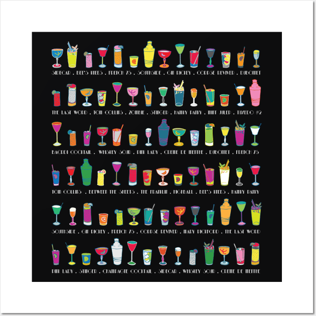 Line em Up! - Prohibition Cocktails pattern on black Wall Art by Cecca